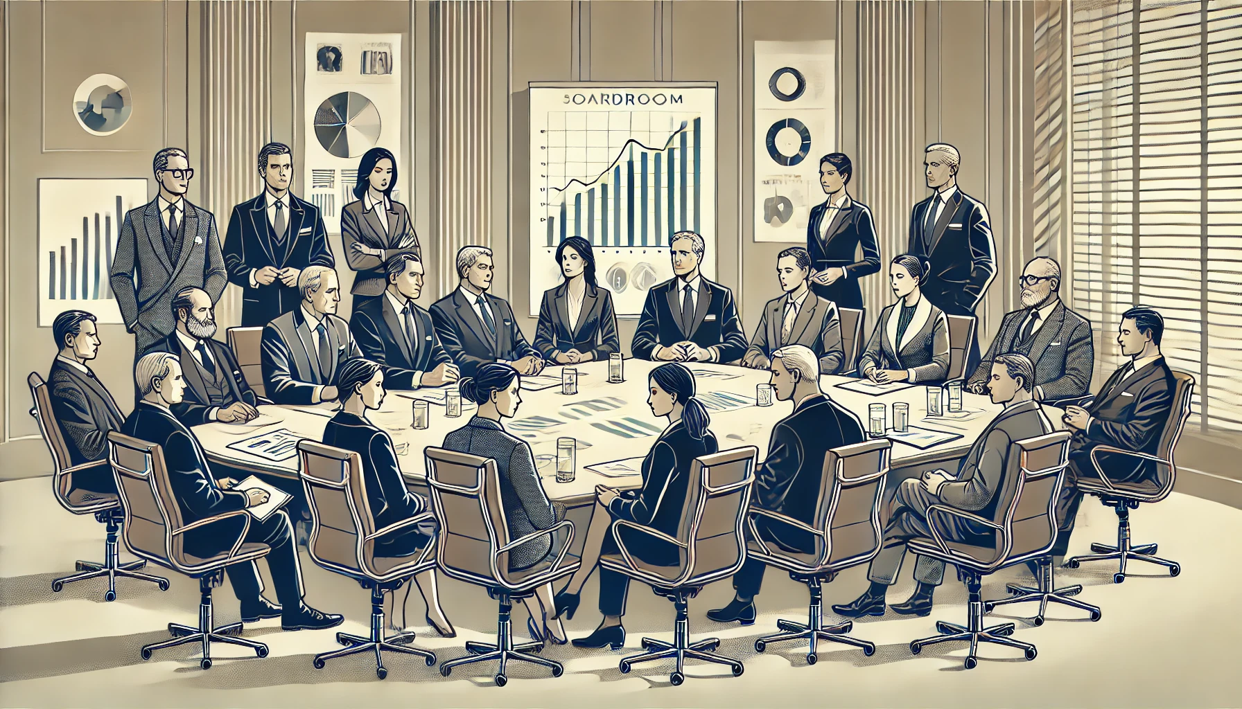 A sophisticated illustration of a diverse group of executives, both men and women, seated around a boardroom table engaged in a strategic discussion. The table is covered with charts, graphs, and documents, indicating the seriousness of the discussion. The background is simple, with muted colors and refined details, creating a professional and intellectual atmosphere. The group reflects a mix of genders, ethnicities, and ages, emphasizing inclusivity and collaboration.