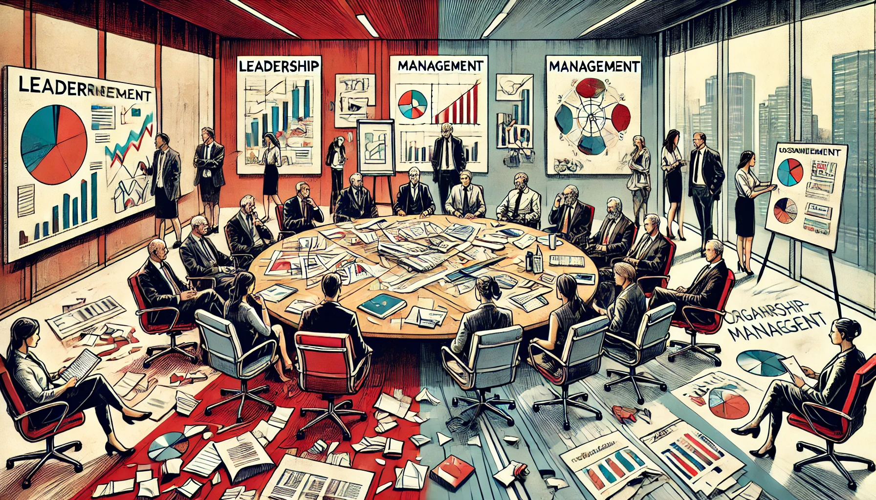 An abstract artistic illustration set in a modern boardroom or stylish office. The image features a central table surrounded by a mix of men and women engaged in collaboration and discussion, representing diversity and inclusivity. One side of the room depicts disorganised papers and chaotic elements, symbolising mismanagement, while the other side is tidy and structured, reflecting effective leadership and management. The composition highlights teamwork and the transformation from chaos to order, with a balanced colour palette contrasting chaotic reds and greys with harmonious blues, greens, and warm wood tones. The scene is clean and professional, with no text included.