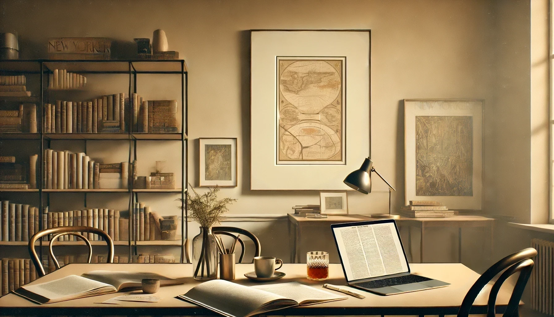 An artistic and inviting library setting with a desk featuring an open laptop, a cup of coffee, a crystal tumbler of whisky, and papers. The scene includes bookshelves filled with books and subtle decorative items. A large framed antique world map hangs on the wall, adding a sense of classic sophistication. The scene is softly lit with warm tones, creating a cozy and refined atmosphere.